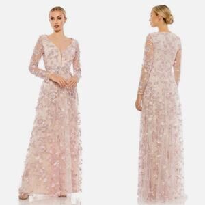 Mac Duggal 70224 Pink Floral Applique Long Sleeve Illusion Gown Size 8 NWT